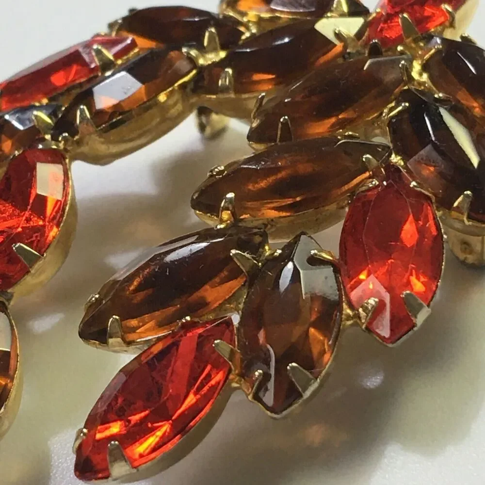 Vintage Glass Rhinestone Brooch Brown Topaz Color & Orange Navettes